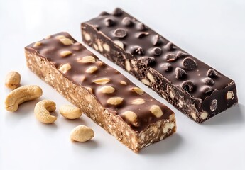 Product photography of three bars made with chocolate, peanut butter, and cashew nuts on a white background.