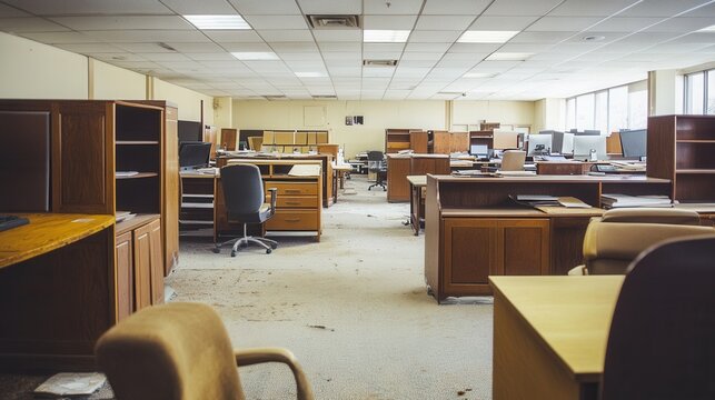 Office liquidation auction for asset recovery, showcasing furniture and equipment to clear bankruptcy debts, corporate environment, bidding activity