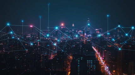 Obraz premium Smart digital city with connection cyber security network reciprocity over the cityscape . future smart wireless digital city and social media networking systems that connects people within the city