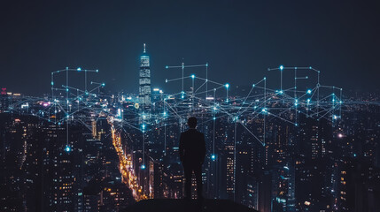 Obraz premium Smart digital city with connection cyber security network reciprocity over the cityscape . future smart wireless digital city and social media networking systems that connects people within the city
