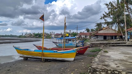 Fototapeta premium Colorful fishing boats on a muddy shore near a village under a cloudy sky.