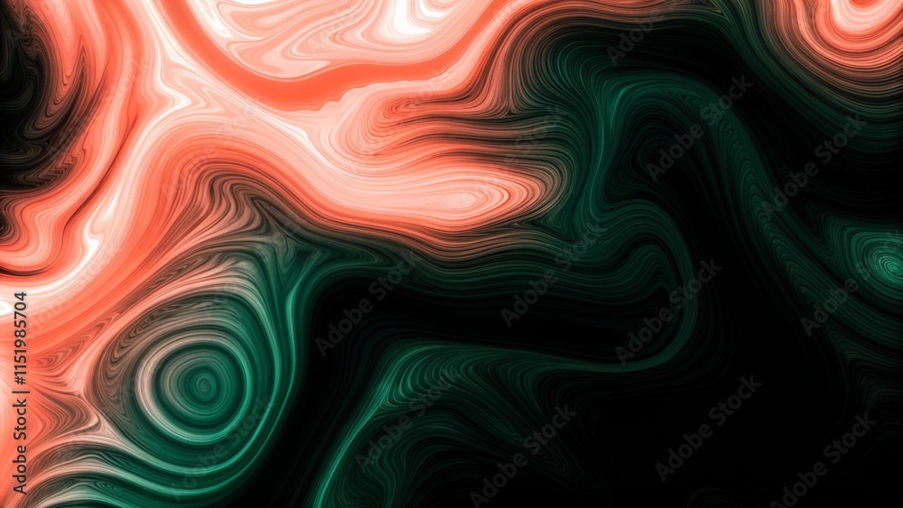Poster grainy abstract background displaying a deep emerald, bright coral, and dusty rose glowing color wav