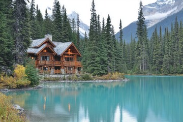Fototapeta premium Beautiful winter scene of wooden lodge glowing on Emerald Lake and pine forest at Yoho national park, British Columbia, Canada