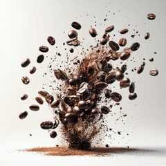 Obraz premium An explosion of coffee beans splashes into the air, captured in mid-flight against a transparent background.