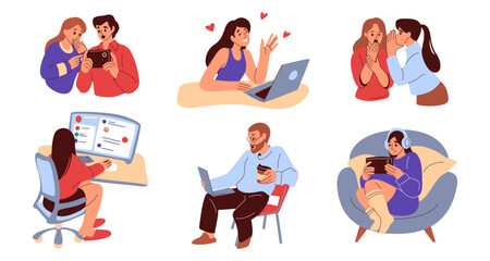 People communicate. Social business icon design, internet chat or blog community. Online mobile app concept. Men and women with smartphone, laptop and computer. Vector cartoon illustration