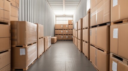 Long row of cardboard boxes, storage, shipping, and logistics solutions for efficient organization