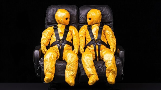 Two yellow crash test dummies seated in black chairs, demonstrating safety features in a controlled environment.