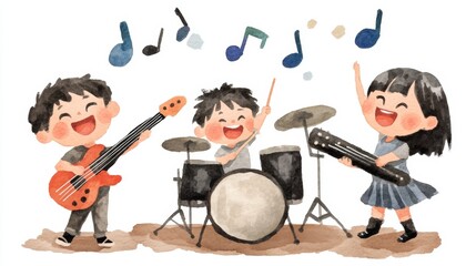 Naklejka premium Joyful children's ensemble, exploring music, instruments, and creativity through collaborative play