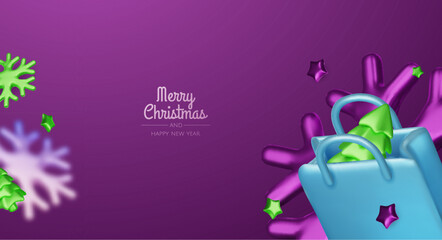 Christmas and New Year Sale. Red bright realistic 3d holiday object design, shopping bag, gift box. Promo sale, advertising banner, web poster. vector illustration