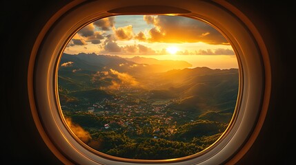 Airplane window view of sunset over mountain village.