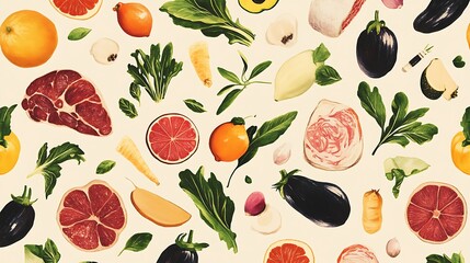 Obraz premium Watercolor Illustration of Various Fruits, Vegetables, and Meats
