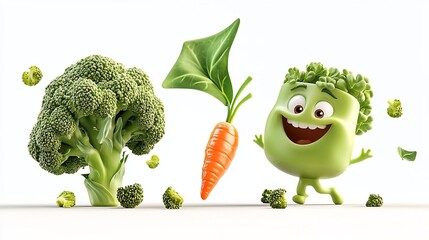 Cheerful 3D cartoon animation of a spinach leaf flying a carrot shaped kite with a smiling broccoli beside isolated on a white background