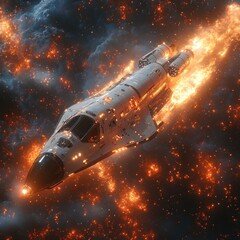 Obraz premium Spaceship engulfed in flames, soaring through a fiery nebula.