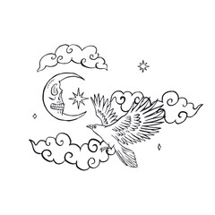 Hand drawn black and white inky sketch style raven or crow isolated on white background. Mystic bird flying in night sky with crescent moon and clouds