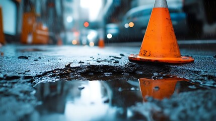 A detailed urban scene of a pothole filled with rainwater, highlighted by a nearby traffic cone, emphasizing repair and safety
