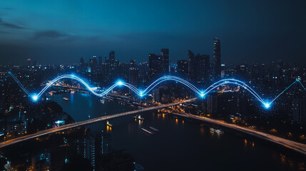 Obraz premium Smart digital city with connection cyber security network reciprocity over the cityscape . future smart wireless digital city and social media networking systems that connects people within the city