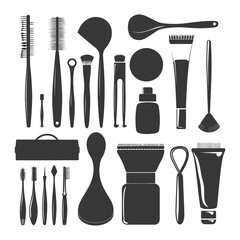 A Collection Of Black And White Silhouettes Of Beauty Tools And Products