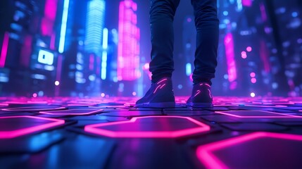 Fototapeta premium Futuristic City Plaza with Glowing Holographic Displays and Vibrant Tech Atmosphere