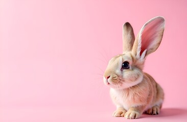Fototapeta premium Easter bunny on pastel pink background. Copy space.
