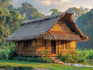 A charming hut featuring handwoven walls, nestled beside a spring, surrounded by lush greenery at sunset