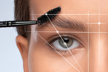 Permanent make-up for eyebrows of beautiful woman in beauty salon. Closeup beautician doing...