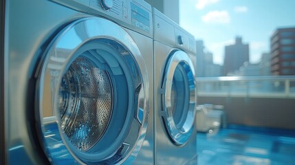 Two modern washing machines on a sunny rooftop overlooking a city.