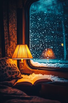 Cozy winter night reading by lamplight in a snow-covered train with a warm, inviting ambiance.