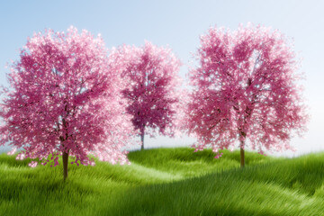 Beautiful cherry blossom trees in bloom on a sunny day, symbolizing spring and renewal. 3d rendering