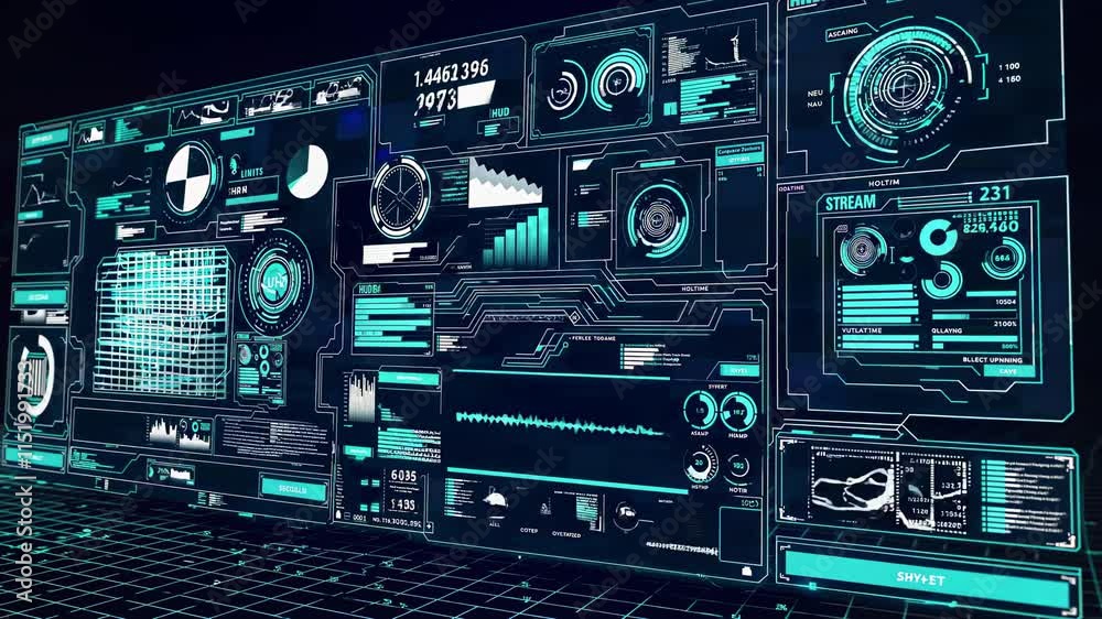 Poster interactive digital control panel displays real-time data analysis and metrics in a futuristic envir