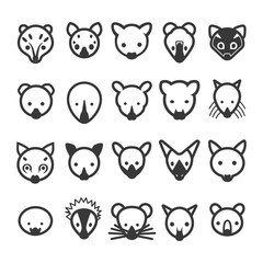 Collection Of 20 Cute Animal Head Icons In Black And White