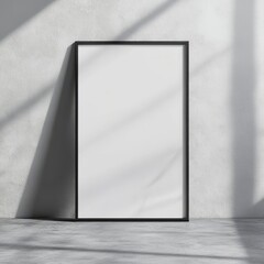 Minimalist Black Frame Mockup with Sunbeams: A sleek black frame stands against a textured concrete wall, bathed in the warm glow of sunlight streaming through a window.