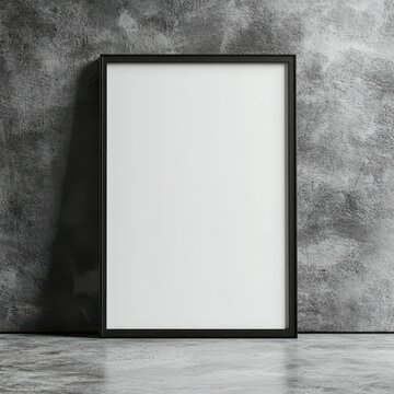 Fototapeta Black Frame Mockup Against Concrete Wall:  A sleek, minimalist black frame leans against a raw concrete wall, providing a clean and modern backdrop for your design.