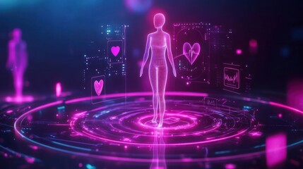 Digital Health: Futuristic Healthcare Visualization with Glowing Human Model and Medical Data