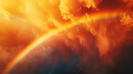 Vibrant rainbow arc amidst fiery sunset cloudscape.