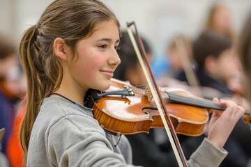 A young girl is playing the violin in front of a group of people