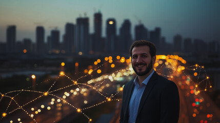 Fototapeta premium Smart digital city with connection cyber security Abstract businessman stands on the peak of success Smart digital city with connection cyber security network reciprocity over the cityscape future w