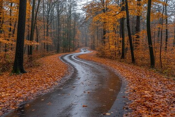 Winding Forest Road with Fallen Autumn Leaves and Wet Pavement