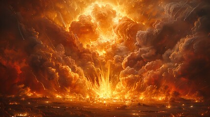 A powerful explosion lights up the sky, surrounded by dark clouds and fiery bursts, with a glowing body of water below, hinting at a catastrophic event unfolding.

