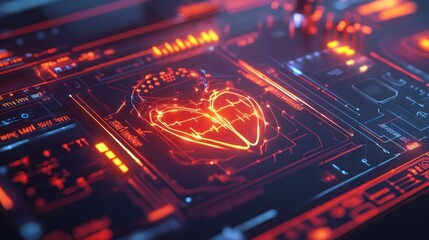 Heartbeat Monitor on Futuristic Interface: A digital rendering of a glowing heart with a pulse on a high-tech interface, symbolizing health monitoring and medical technology.