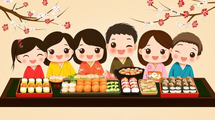 Happy family in traditional clothes enjoying a delicious Japanese meal with sushi and other dishes during cherry blossom season.
