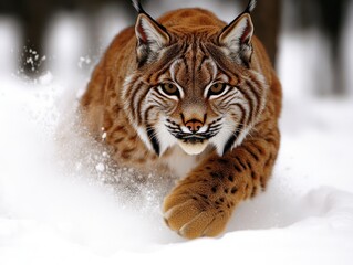 Obraz premium Lynx moves quietly through fresh snow in a subalpine forest, showcasing agility and focus while hunting in winter