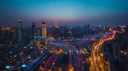 Obraz premium Smart digital city with connection cyber security network reciprocity over the cityscape . future smart wireless digital city and social media networking systems that connects people within the city