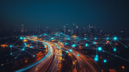 Fototapeta premium Smart digital city with connection cyber security network reciprocity over the cityscape . future smart wireless digital city and social media networking systems that connects people within the city