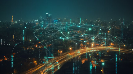 Smart digital city with connection cyber security network reciprocity over the cityscape . future smart wireless digital city and social media networking systems that connects people within the city