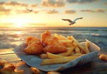 A photorealistic image of fish and chips on an open newspaper, with the sea horizon in the background