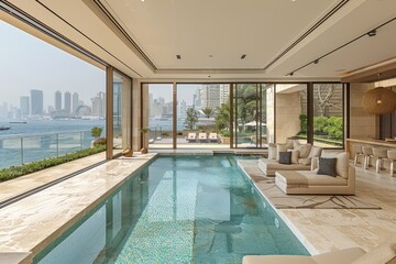 Obraz premium Indoor Pool with City Skyline View from a Luxurious Home