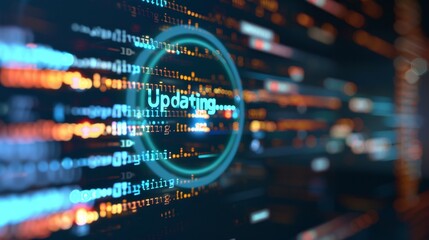 Fototapeta premium Close-up of digital screen showing software update progress bar with loading circle and 