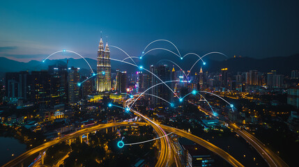 Fototapeta premium Smart digital city with connection cyber security network reciprocity over the cityscape . future smart wireless digital city and social media networking systems that connects people within the city