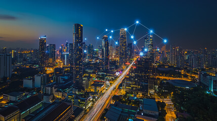 Fototapeta premium Smart digital city with connection cyber security network reciprocity over the cityscape . future smart wireless digital city and social media networking systems that connects people within the city
