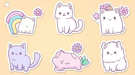 Obraz premium Adorable Pastel Cat Stickers: A Collection of Cute Kawaii Kitty Designs